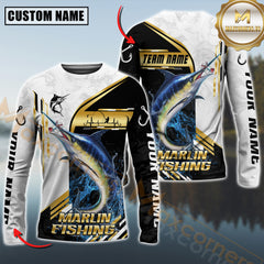 Maxcorners Marlin Fishing Hook Graphic & Jumping Fish Art Personalized Name, Team Name 3D Long Sleeve Shirt