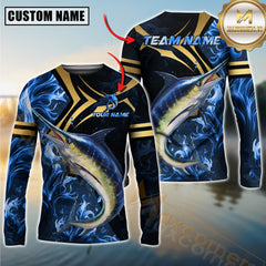 Maxcorners Fishing Blue Ocean Wave & Gold Geometric Personalized Name, Team Name 3D Long Sleeve Shirt (Mahi-mahi, Tuna, Chinook, Marlin, Striped Bass, Salmon)