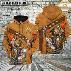 Maxcorners Brown Leather Style Deer Hunting Custom Name Buck Hunter Apparel With Orange Camo 3D Hoodie All Over Printed Clothes