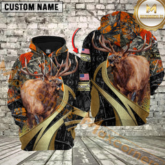 Maxcorners Orange Camo Elk Hunting Custom Name Hunter Apparel With American Flag 3D Hoodie All Over Printed Clothes