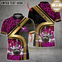 Maxcorners Bowling Gold Diagonal Stripe Leopard Pattern Multicolor Customized Name, Team Name 3D Shirts