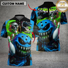 Custom bowling shirt featuring green toxic monster cartoon ball, skull flames, unisex 3D bowling league shirt with name and team personalization