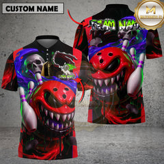 Neon green toxic monster bowling shirt with skull graphic and flaming effect, personalized name and team, unisex 3D sports shirt