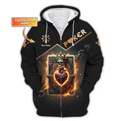 Maxcorners Custom Poker T-Shirts - Fiery Ace of Hearts, Skull Crown and Chains, Gift For Poker PlayersLM1009