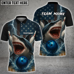 Maxcorners Blue Shark Bowling USA Flag League Personalized Name, Team Name 3D Shirt