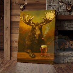 Maxcorners Moose Smoking Cigar with Beer Rustic Lodge Bar Art Wrapped Canvas
