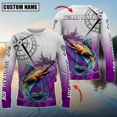 Maxcorners Marlin Fishing Realistic Fish Compass Anchor Pattern Sport Jersey Personalized Name, Team Name Long Sleeve Shirt For Damien