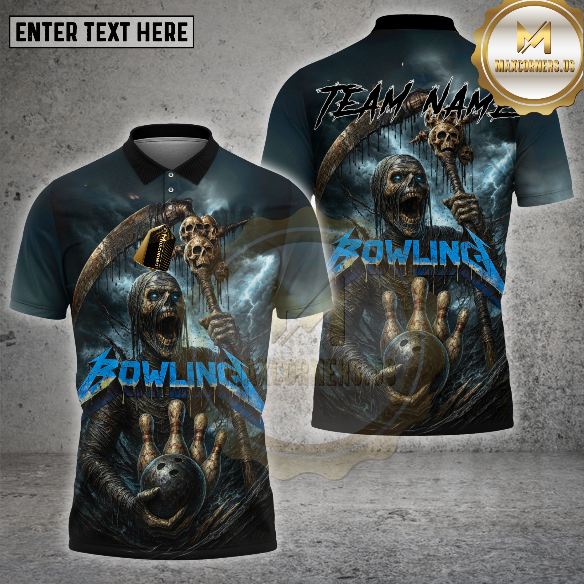 Maxcorners bowling shirt with dark grim reaper holding skull staff and bowling ball, Metallica-style Bowling text, stormy horror background, customizable team name and name 3D shirt
