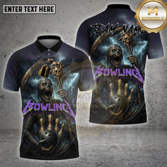 Maxcorners bowling shirt with dark grim reaper holding skull staff and bowling ball, Metallica-style Bowling text, stormy horror background, customizable team name and name 3D shirt