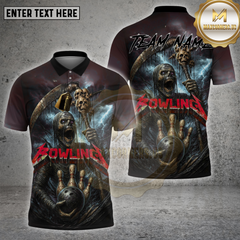 Maxcorners bowling shirt with dark grim reaper holding skull staff and bowling ball, Metallica-style Bowling text, stormy horror background, customizable team name and name 3D shirt