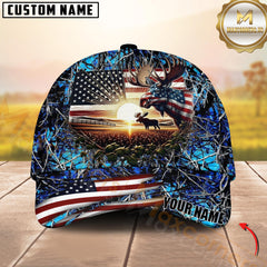 Maxcorners Hunting American Flag Moose Sunrise Farm Scene Camo Custom Name 3D Cap (6 Colors)