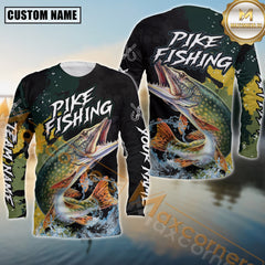 Maxcorners Pike Fishing Shirt Camo Splash Design Personalized Name, Team Name 3D Long Slee