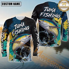 Maxcorners Tuna Fishing Shirt Camo Splash Design Personalized Name, Team Name 3D Long Sleeve Shirt