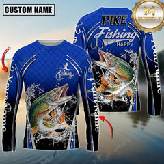 Maxcorners Silver Pike Fishing Makes Me Happy Splashing Water Personalized Name, Team Name 3D Long Sleeve Shirt