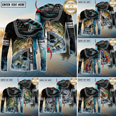 Maxcorners Freshwater Fishing Jumping Fish American Flag Wave Splash Personalized Name, Team Name 3D Long Sleeve Shirt