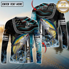Maxcorners Saltwater Fishing Jumping Fish American Flag Wave Splash Personalized Name, Team Name 3D Long Sleeve Shirt