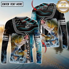 Maxcorners Freshwater Fishing Jumping Fish American Flag Wave Splash Personalized Name, Team Name 3D Long Sleeve Shirt