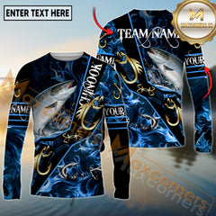 Maxcorners Saltwater Fishing Realistic Jumping Fish Blue Water Flame Golden Hooks Personalized Name, Team Name 3D Long Sleeve Shirt