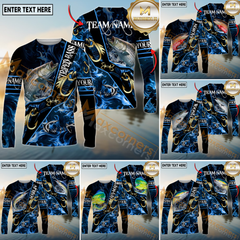 Maxcorners Saltwater Fishing Realistic Jumping Fish Blue Water Flame Golden Hooks Personalized Name, Team Name 3D Long Sleeve Shirt