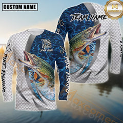 Maxcorners Freshwater Fishing Silver Scale Pattern Realistic Jumping Fish Water Splash Personalized Name, Team Name 3D Long Sleeve Shirt