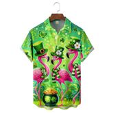 Maxcorners St. Patrick's Day Four Leaf Clover Flamingo Hawaiian Golf Shirt, Funny Flamingo Men's Golf Shirt