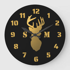 Maxcorners Black And Gold Deer Antlers Cabin 2 Monogram Large Clock TU3012