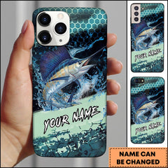 Maxcorners Marlin Fishing Teal Honeycomb Water Burst Personalized Name Phone Case