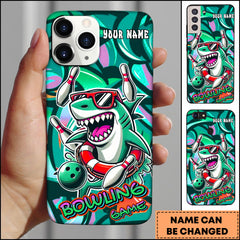 Maxcorners Bowling Phone Case Cool Shark Wearing Sunglasses Bowling Strike Art Personalized Name Phone Case | Cyan