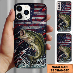 Maxcorners Fishing Bass USA Flag Splash Patriotic Art Personalized Name Phone Case