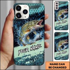 Maxcorners Pike Fishing Teal Honeycomb Water Burst Personalized Name Phone Case