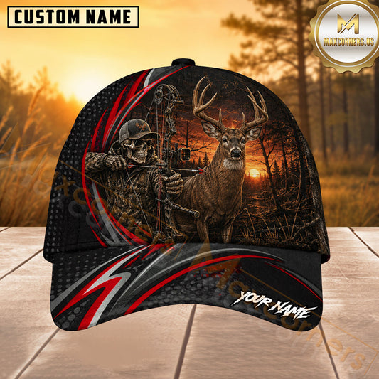 Maxcorners Hunting Red Stripe Skull Archer and Deer Sunset Design Personalized 3D Cap