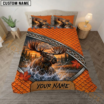 Maxcorners Moose Hunting Water Splash Orange Scales Bedding Set 3D Print Custom Name