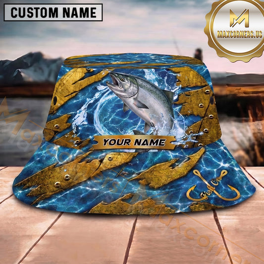 Maxcorners Fishing Blue Water Golden Armor Plate Personalized 3D Bucket Hat (13 Fish Species)
