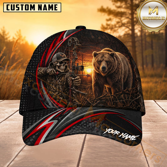 Maxcorners Hunting Red Stripe Skull Archer and Deer Sunset Design Personalized 3D Cap