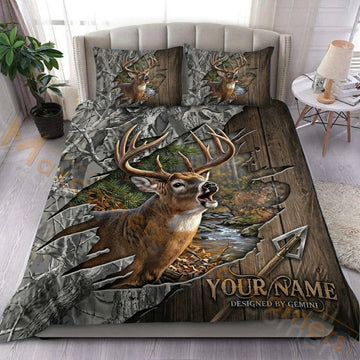 Maxcorners Deer Hunting Grey Camo Rustic Wood Bedding Set 3D Print Custom Name