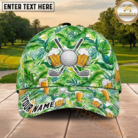 Maxcorners Golf Tropical Leaves Beer and Crossed Clubs Personalized Name 3D Classic Cap