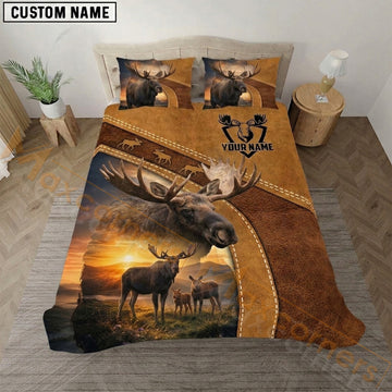 Maxcorners Moose Hunting Brown Patchwork Leather Bedding Set 3D Print Custom Name