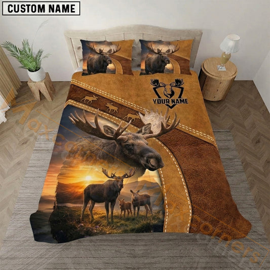 Maxcorners Moose Hunting Brown Patchwork Leather Bedding Set 3D Print Custom Name