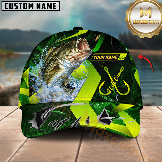 Maxcorners Fishing Green Neon Hook Splash Multiple Options Personalized Name 3D Cap (12 Fish Species)
