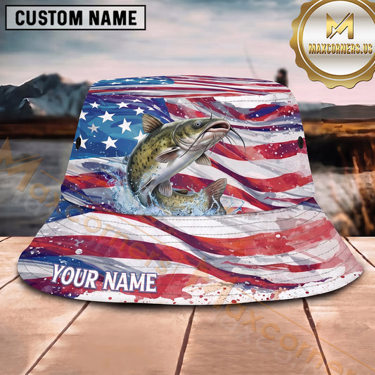 Maxcorners Fishing Watercolor American Flag Splash Personalized 3D Bucket Hat (13 Fish Species)
