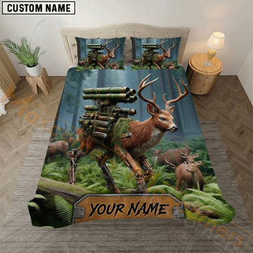 Maxcorners Cyborg Deer Hunting Green Forest Bedding Set 3D Print Custom Name