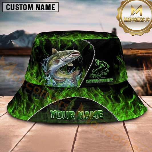 Maxcorners Fishing Neon Hook Flame Personalized Name 3D Bucket Hat (12 Fish Species)