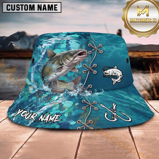 Maxcorners Fishing Aqua Camouflage Lace-Up Water Splash Personalized 3D Bucket Hat (13 Fish Species)