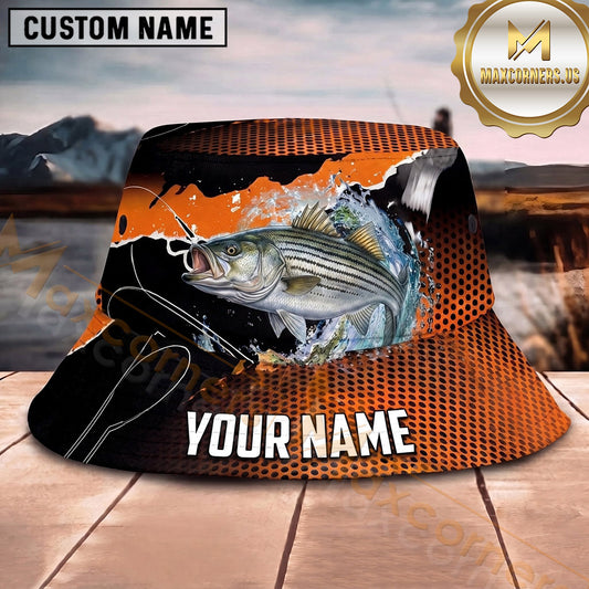 Maxcorners Fishing Bold Orange Black Fishing Scene with Dynamic Splash Personalized Name 3D Bucket Hat (13 Fish Species)