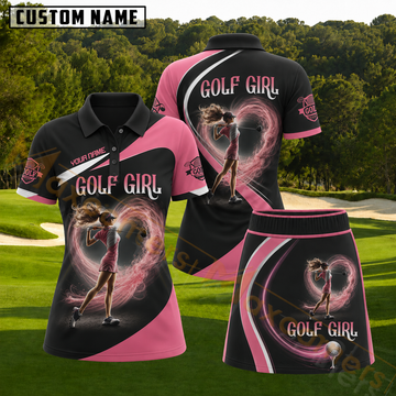 Maxcorners Black and Pink Heart Aura Golf Girl Personalized Name 3D Golf Shirt and Skirt