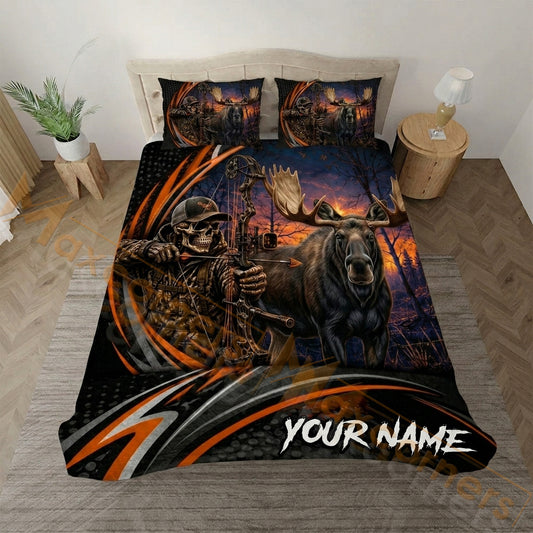 Maxcorners Moose Hunting Black Orange Skull Bedding Set 3D Print Custom Name