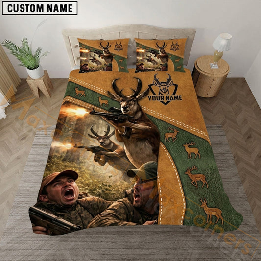 Maxcorners Deer Hunting Suede Green Stripe Bedding Set 3D Print Custom Name