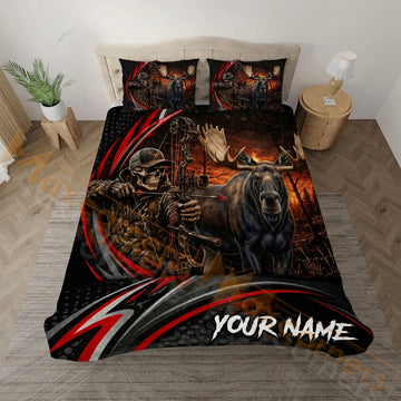 Maxcorners Moose Hunting Black Red Skull Bedding Set 3D Print Custom Name