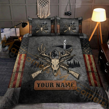 Maxcorners Deer Hunting Grey American Flag Bedding Set 3D Print Custom Name