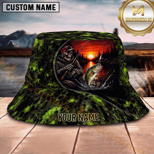 Maxcorners Fishing Red Black Camo Fishing Design with Splash Personalized Name 3D Bucket Hat (13 Fish Species)